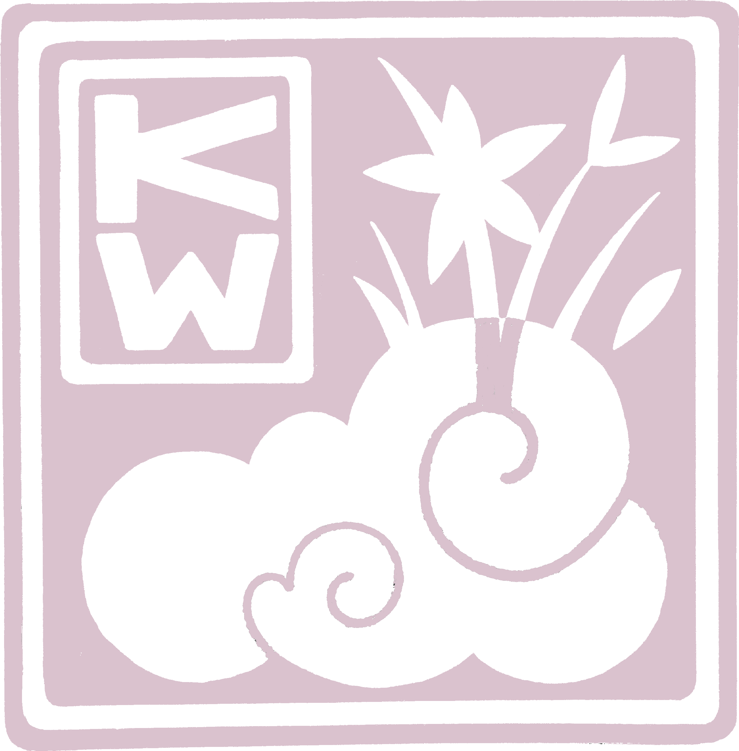 The letters 'KW' written in dark blue text inside of a pink chinese styled stamp. In the stamp is a drawing of jasmine going into a swirly cloud.